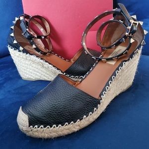 Valentino Rockstud Leather Wedge Espadrille 37